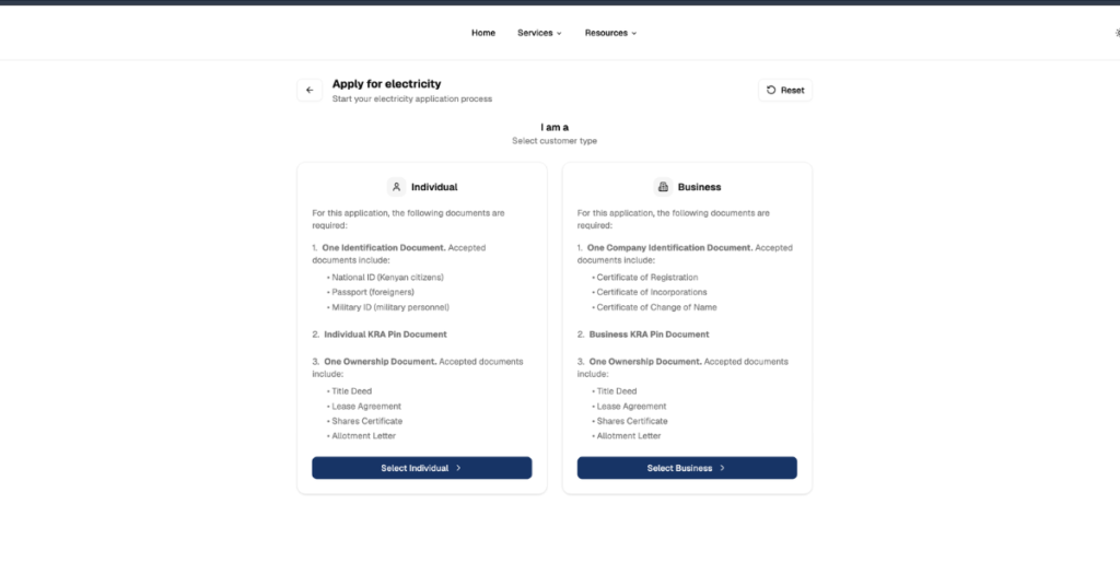 I am a_ — Individual vs Business selection screen