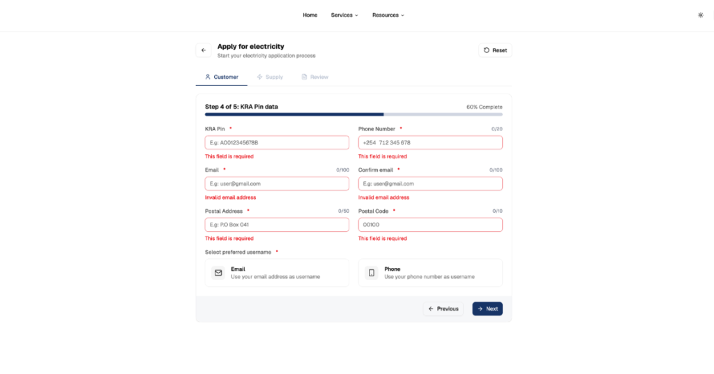 KRA Pin data, contact details form