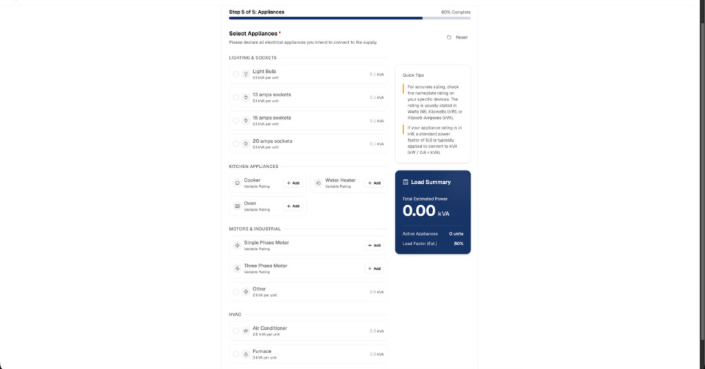 Step 5 of 5, Appliances, load calculator